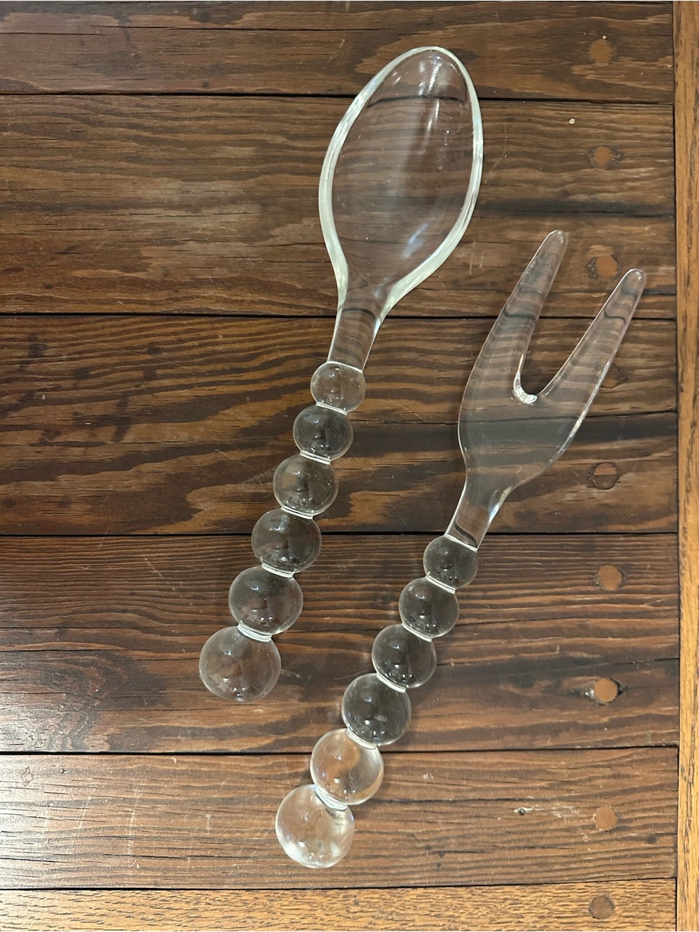 Clear Glass Serving Spoon and Fork Set with Beaded Handles